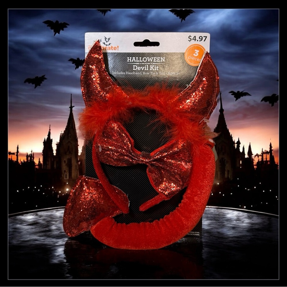 Sparkly Red Devil Costume Kit - 3 piece set- Bow tie, Tail, & Headband w/ horns - Picture 1 of 4